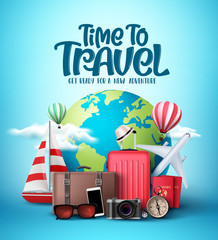 Time to travel the world vector design. Travel and explore the world in different countries and destinations with traveling elements like bags and transportation in blue background. Vector  - obrazy, fototapety, plakaty
