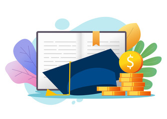 Education money loan credit concept or scholarship graduate cost, college tuition financial fee vector, study or learning knowledge investment cash, academic degree flat cartoon illustration colorful - obrazy, fototapety, plakaty