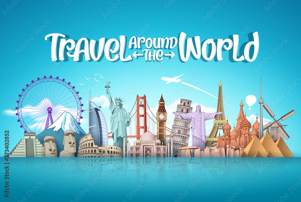 Wall mural travel around the world vector landmark design. famous landmarks around the world elements with trav