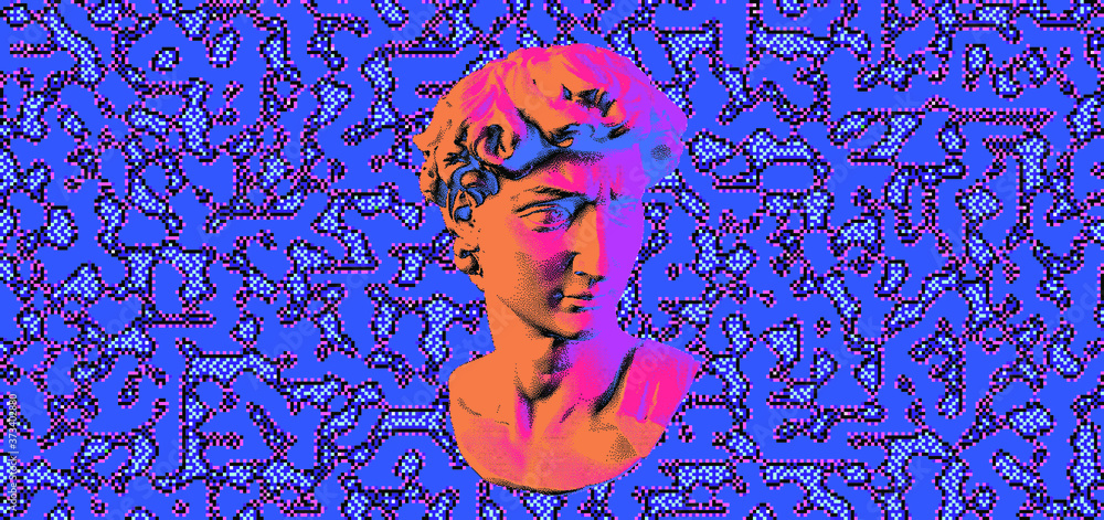 Poster cyberpunk-style collage with plaster 3d head and pixel artifacts. vaporwave and retrowave aesthetics
