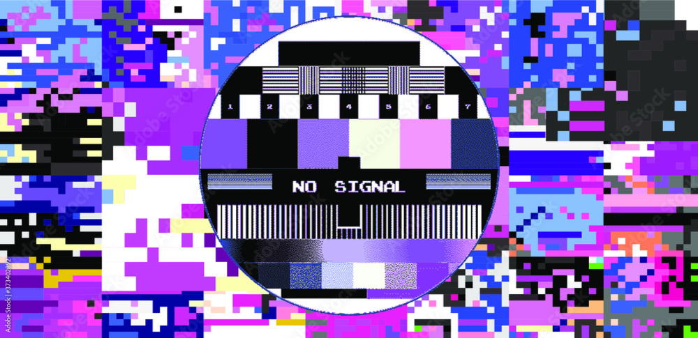 Poster Abstract pixelated background with flickers and datamoshing effect. Vaporwave and cyberpunk style aesthetics.