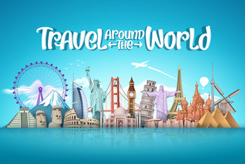 Fototapeta Travel around the world vector landmark design. Famous landmarks around the world elements with travel vacation text in blue background. Vector illustration.
 obraz
