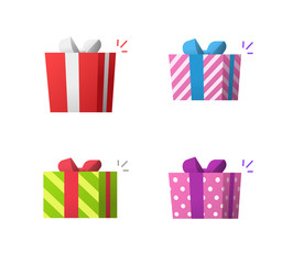 Gift boxes vector icons set isolated flat cartoon vector illustration, surprise reward purple green red color happy paper packs with bow and striped dotted wrapper received clipart