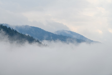 Majestic view on beautiful fog and cloud mountains in mist landscape.
