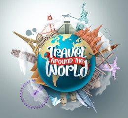 Travel around the world vector landmarks design. Travel in famous tourism landmarks and world attractions elements and text in a 3d globe empty space. Vector illustration.  © AmazeinDesign