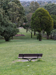 An empty bench in the park.