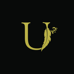 Luxury Feather Letter U logo Template. Gold Design Concept