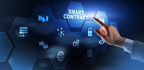 Smart contract. Modern Business technology. Businessman presses virtual button smart contract text...