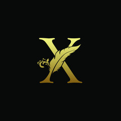 Luxury Feather Letter X logo Template. Gold Design Concept