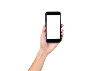 Hand man holding mock up mobile smartphone with blank screen isolated on white background with clipping path