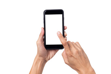Hand man holding mock up mobile smartphone with blank screen isolated on white background with clipping path