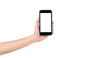 Hand man holding mock up mobile smartphone with blank screen isolated on white background with clipping path