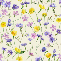 Seamless pattern of watercolor flowers dandelion, carnation and blue