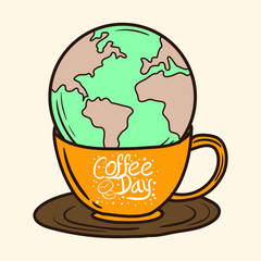 International coffee day with hand drawn doodle style 
