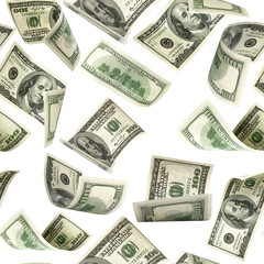 Money pattern hundred dollar bill. Falling money isolated on white background. American cash.