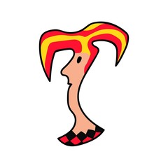 The head of a clown in a striped colored striped hat and a checkered suit. 