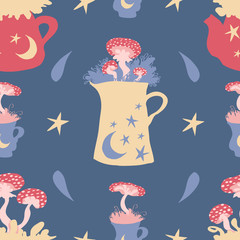 Autumnal vector seamless pattern with magic mushrooms in jug, kettles and cups on dusky blue background with stars and waterdrops