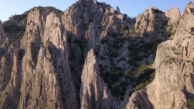 Drone flying over the throat of the Montoro Organs river in Teruel (Spain)