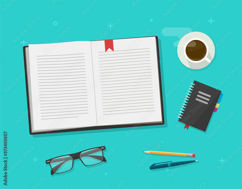 Poster book or notebook diary open reading on learning desk table top vector, writing textbook text pages, 