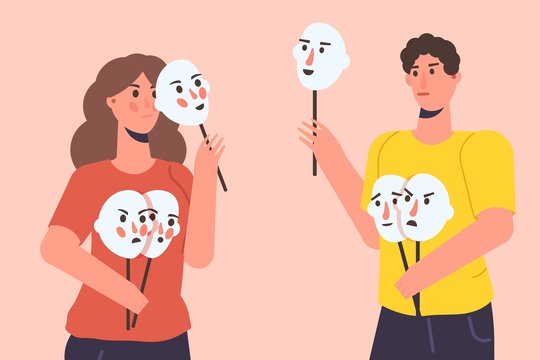 Fake emotion, play a role concept. Character holds masks with different emotions. Vector illustration, flat style