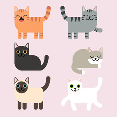 Cartoon cats simple modern geometric, different cat characters set, poses and emotions.