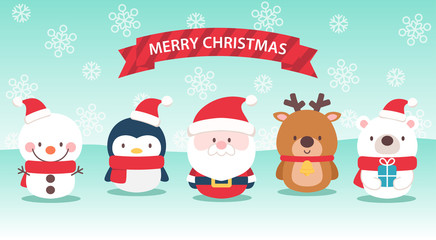 Cute Christmas characters on snowy scene background. Santa Claus, reindeer, snowman, baby penguin, and polar bear. 