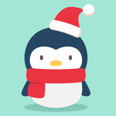 Cute baby penguin character wearing Santa hat and scarf. Flat design style vector illustration.