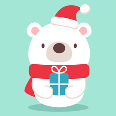 Cute polar bear character wearing Santa hat and scarf, holding gift box. Flat design style, vector illustration.