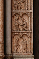 Parma, detailed front view of the cathedral, Duomo square, Emilia Romagna, Italy, unesco world heritage site