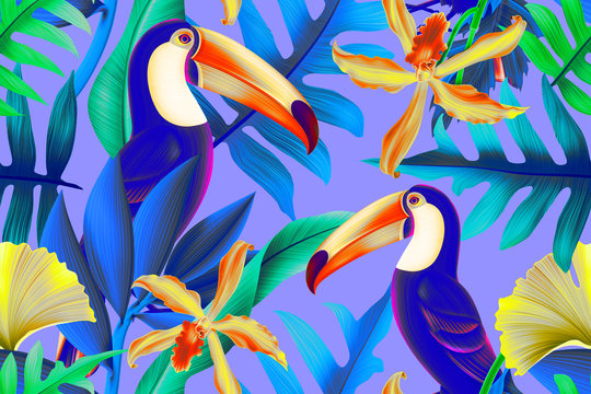 Seamless pattern design with Toucan bird and Tropical leaves.