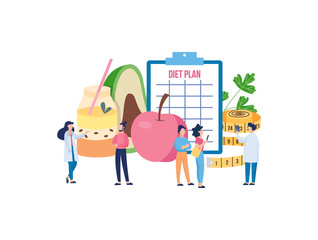 Healthy food and diet planning with people flat vector illustration isolated.