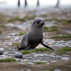 Naklejka premium Fur Seal Cub (Arctocephalus gazella), South Georgia, Antarctic. Square Composition.