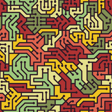 Pop and Colorful Circuit Board Puzzle Seamless Pattern, Electricity component. Vector Wallpaper Background