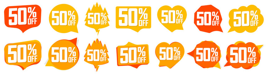Set Sale 50% off speech bubble banners, discount tags design template, app icons, vector illustration