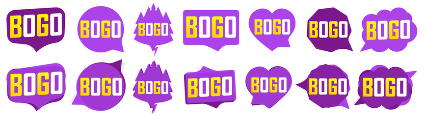 Set BOGO tags, sale speech bubble banners design template, discount badge collection, vector illustration