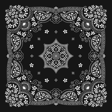 Bandana Paisley Ornament Pattern Classic Vintage Black and White Vector Design