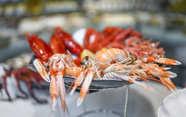 Bowl with variety of big fresh tasty shrimps