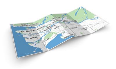 3d map of greater Vancouver and municipalities, BC, Canada. Perspective view of a 4-folded leaflet or brochure with modern map of metro Vancouver. Cities written in modern font. Isolated on white.