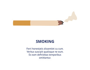 Burning cigarette and Smoking inscription, flat vector illustration isolated.