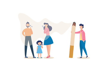 Cartoon family in secondhand smoke from man smoking cigarette