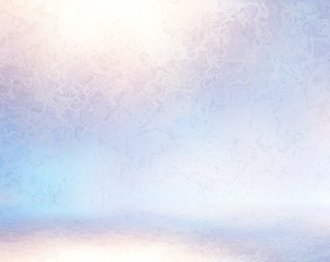 Frosted glass wall and floor abstract texture 3d render. Winter holiday interior. Glowing empty room fabolous illustration. Clear polished light blue background.