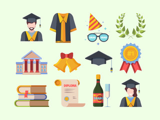 Graduation set. Laurel wreath and golden bells of success bachelors hat with tassel toga university building specialist diploma ribbon badge for best student champagne. Vector art.
