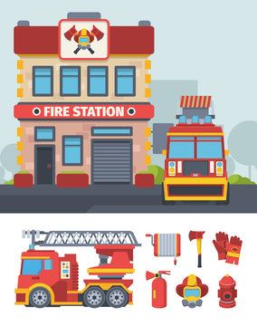 Firefighter department set. Specialized fire station with vehicle fleet protective gloves water column mask with respirator hydrant hose reel ax machine with ladder. Vector cartoon fireman.