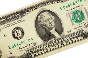 two dollar bill made in 1976 on a white. close up. top view