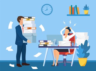 Overworked in the office. female worker at the desk exhausted with too much paper work, her colleague with full of paper, documents. Vector illustration in flat style