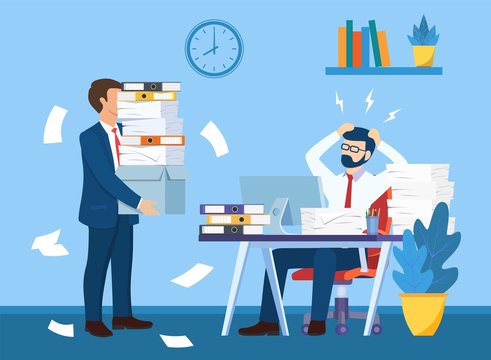 Overworked In The Office. Male Worker At The Desk Exhausted With Too Much Paper Work, His Colleague With Full Of Paper, Documents. Vector Illustration In Flat Style