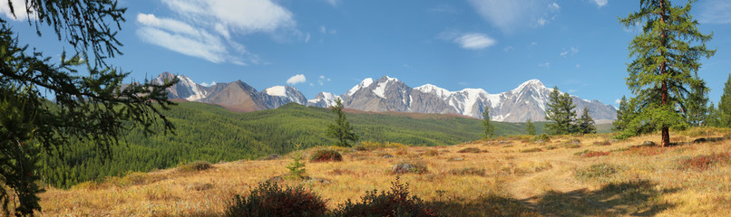 Altai Mountains on a summer morning, beautiful sky, panorama landscape