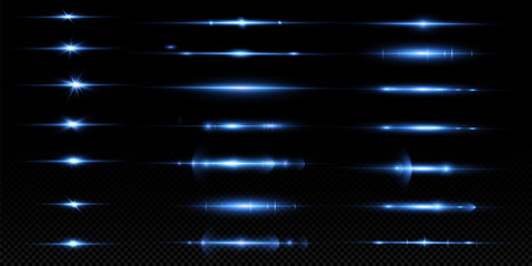 Blue horizontal lens flares pack. Laser beams, horizontal light rays. Glow transparent vector light effect set, explosion, shine, spark, 