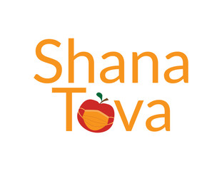 Orange Shana Tova, Jewish happy new year Rosh Hashanah greeting with Red apple wearing Orange face mask