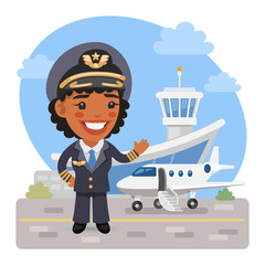 Cartoon Woman Airplane Pilot